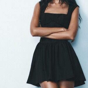 Black Square Neck Sleeveless Flared Mini Dress Fitted‎ Bodice Full Skirt